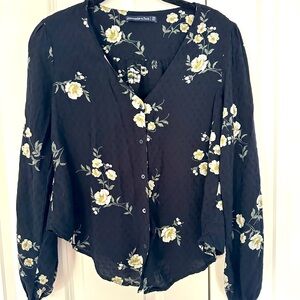 Abercrombie & Fitch Black Blouse with Light Yellow Floral Pattern - XS